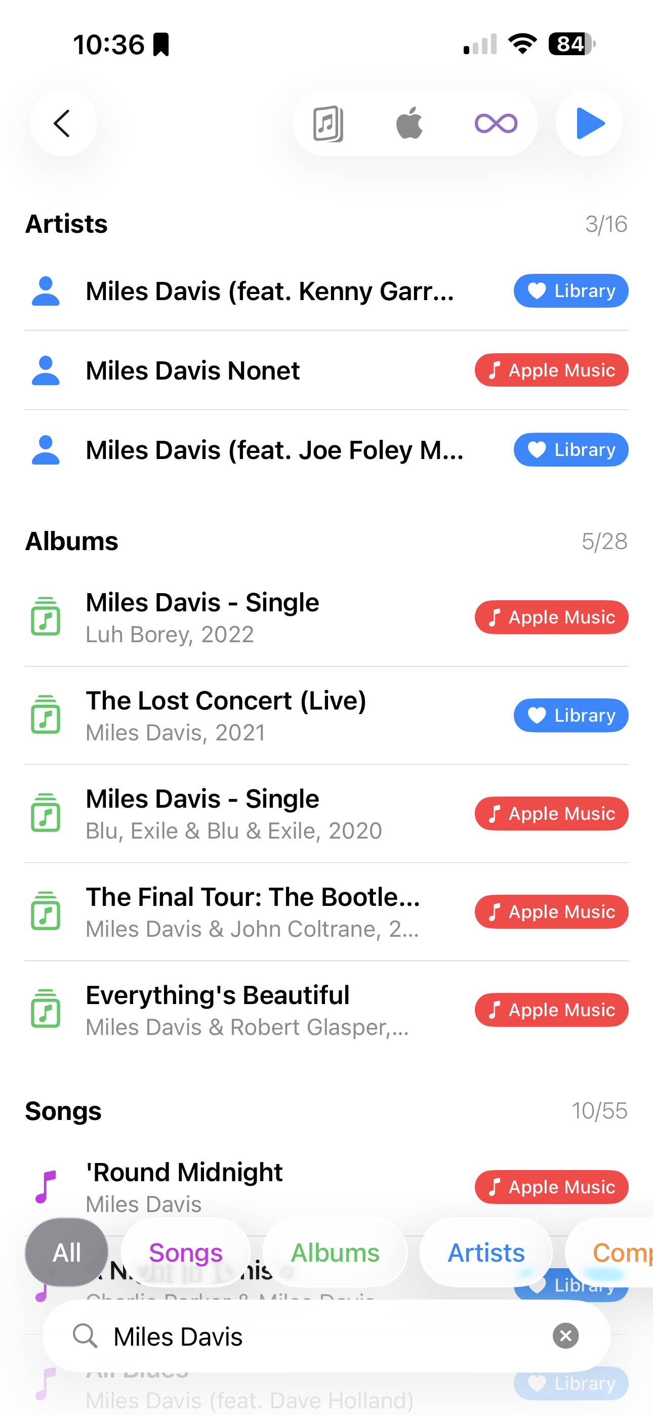 Rush Music unified search results